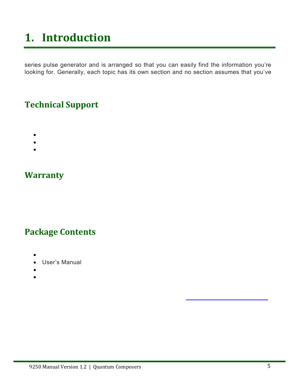 Introduction, Echnical, Upport | Arranty, Ackage, Ontents, Technical support, Warranty, Package contents | Quantum Composers 9250 Series User Manual | Page 5 / 51