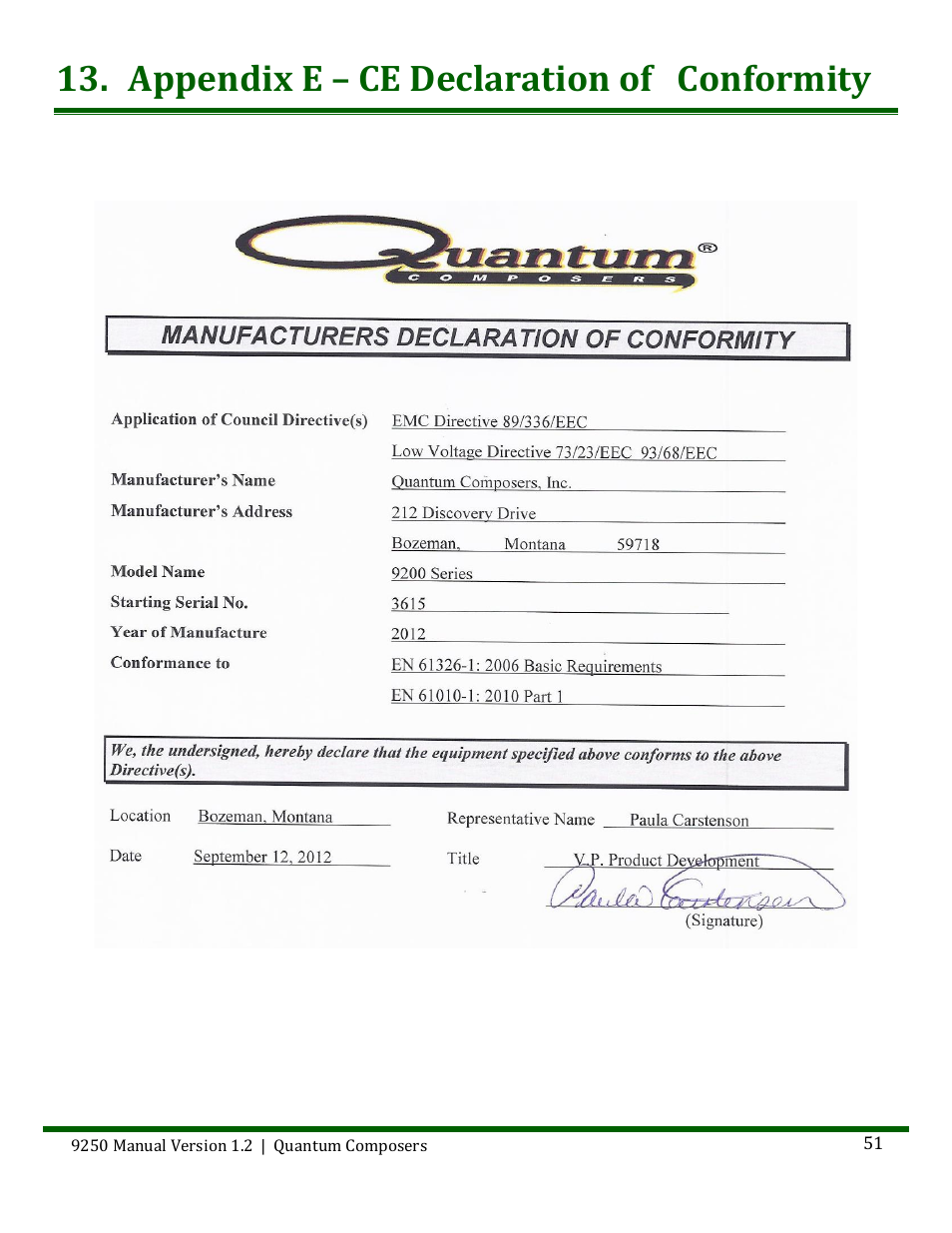 Appendix e – ce declaration of conformity | Quantum Composers 9250 Series User Manual | Page 51 / 51