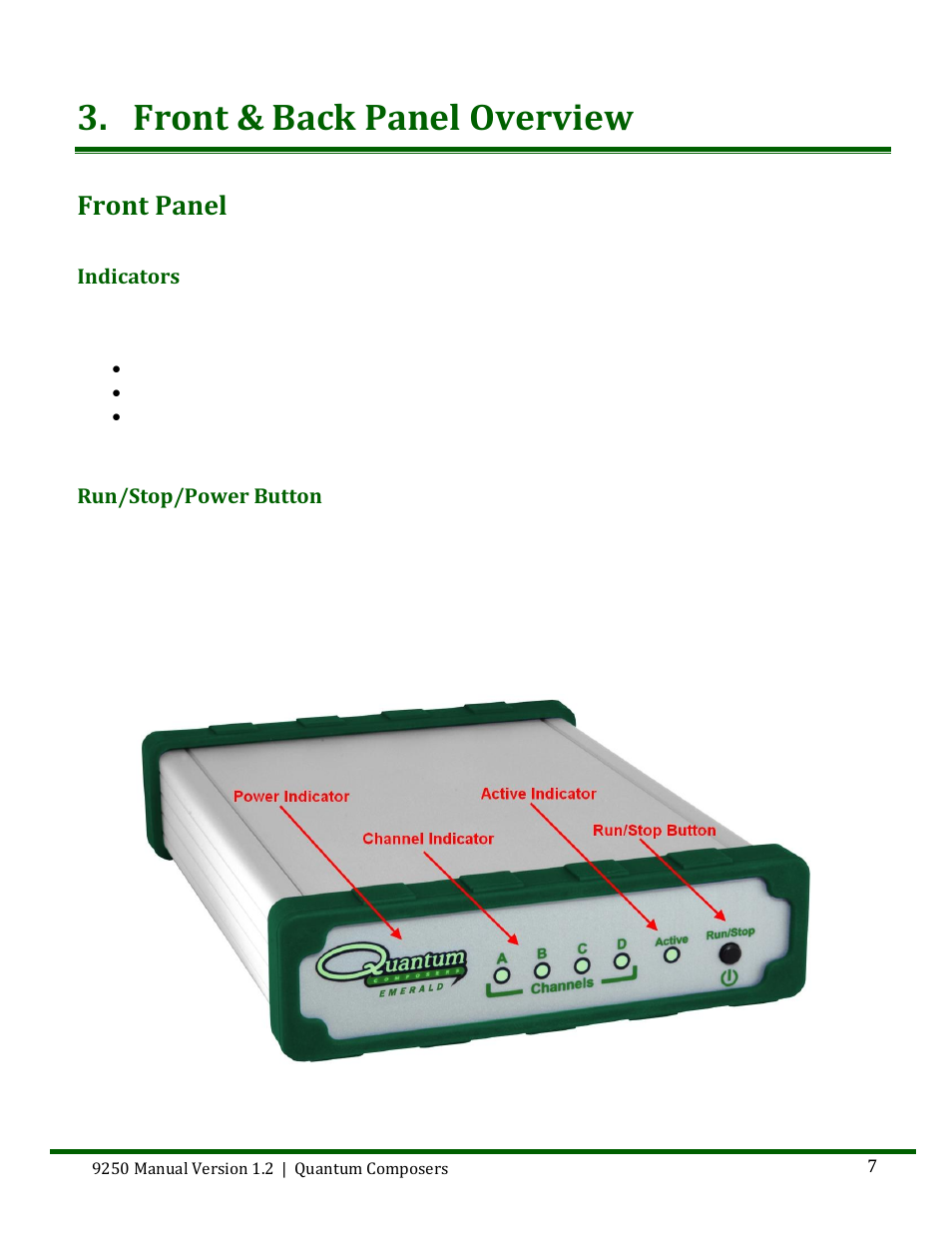 Front & back panel overview, Ront, Anel | Indicators, Run/stop/power button, Front panel | Quantum Composers 9250 Series User Manual | Page 7 / 51