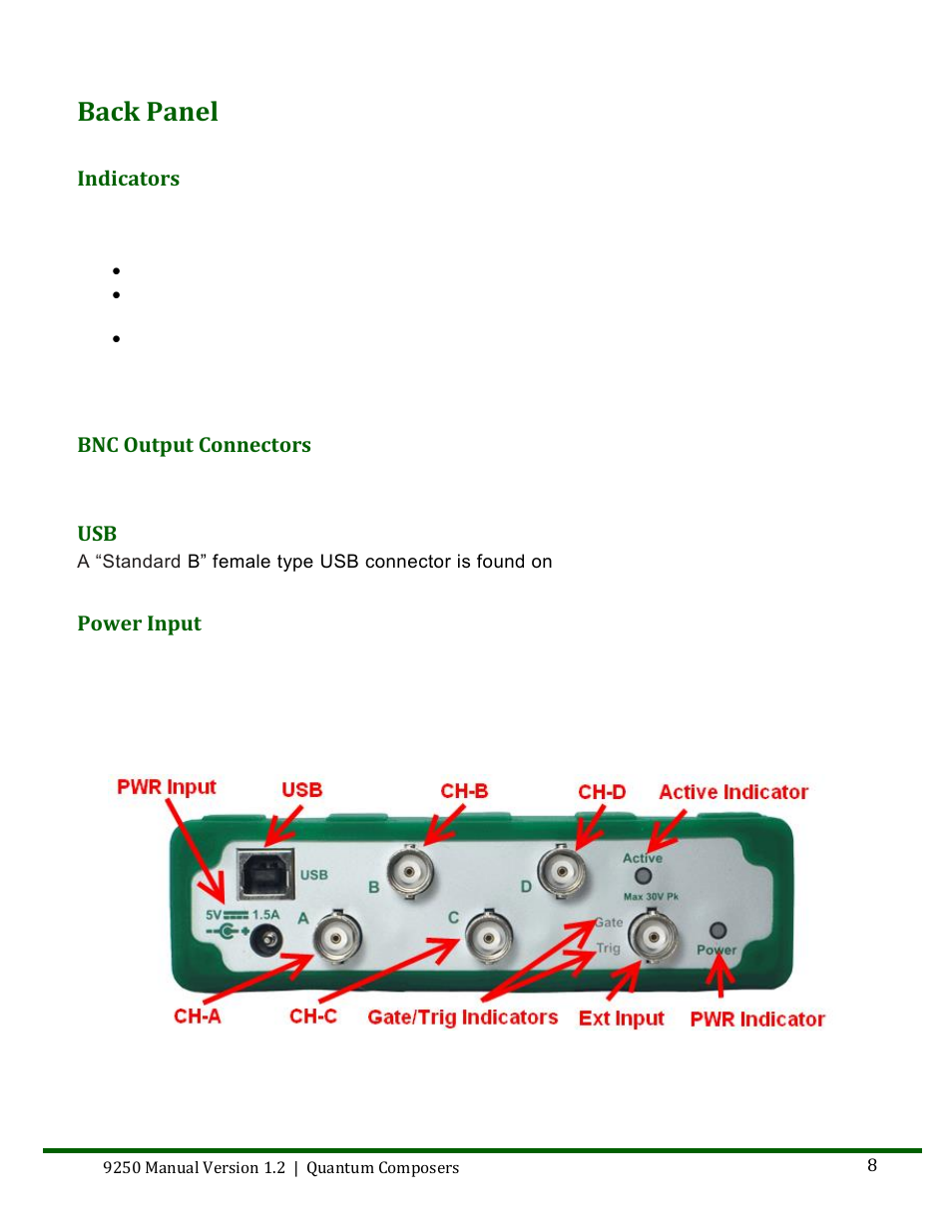Anel, Indicators, Bnc output connectors | Power input, Back panel | Quantum Composers 9250 Series User Manual | Page 8 / 51