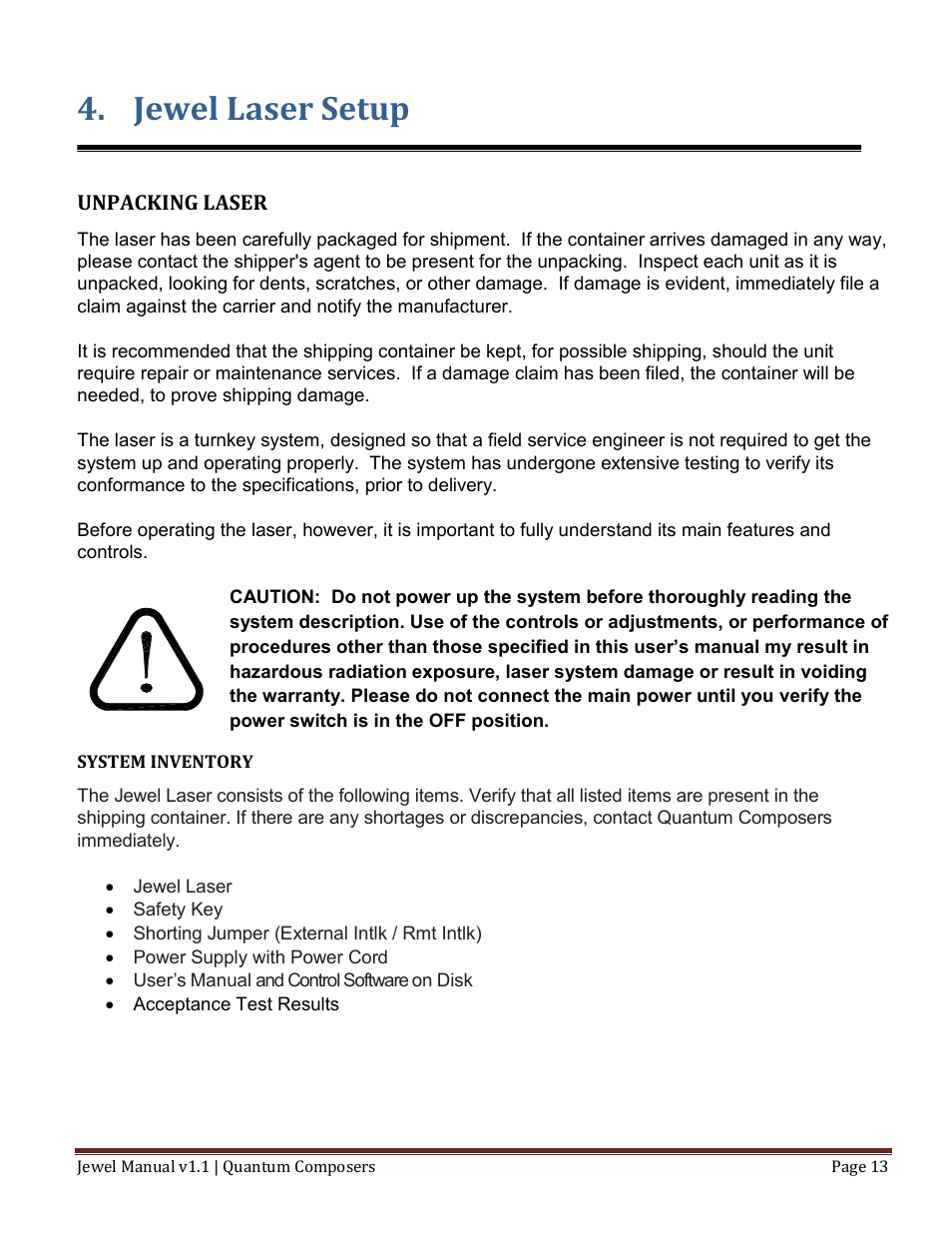 Jewel laser setup, Unpacking, Laser | System inventory | Quantum Composers Jewel Laser User Manual | Page 13 / 32
