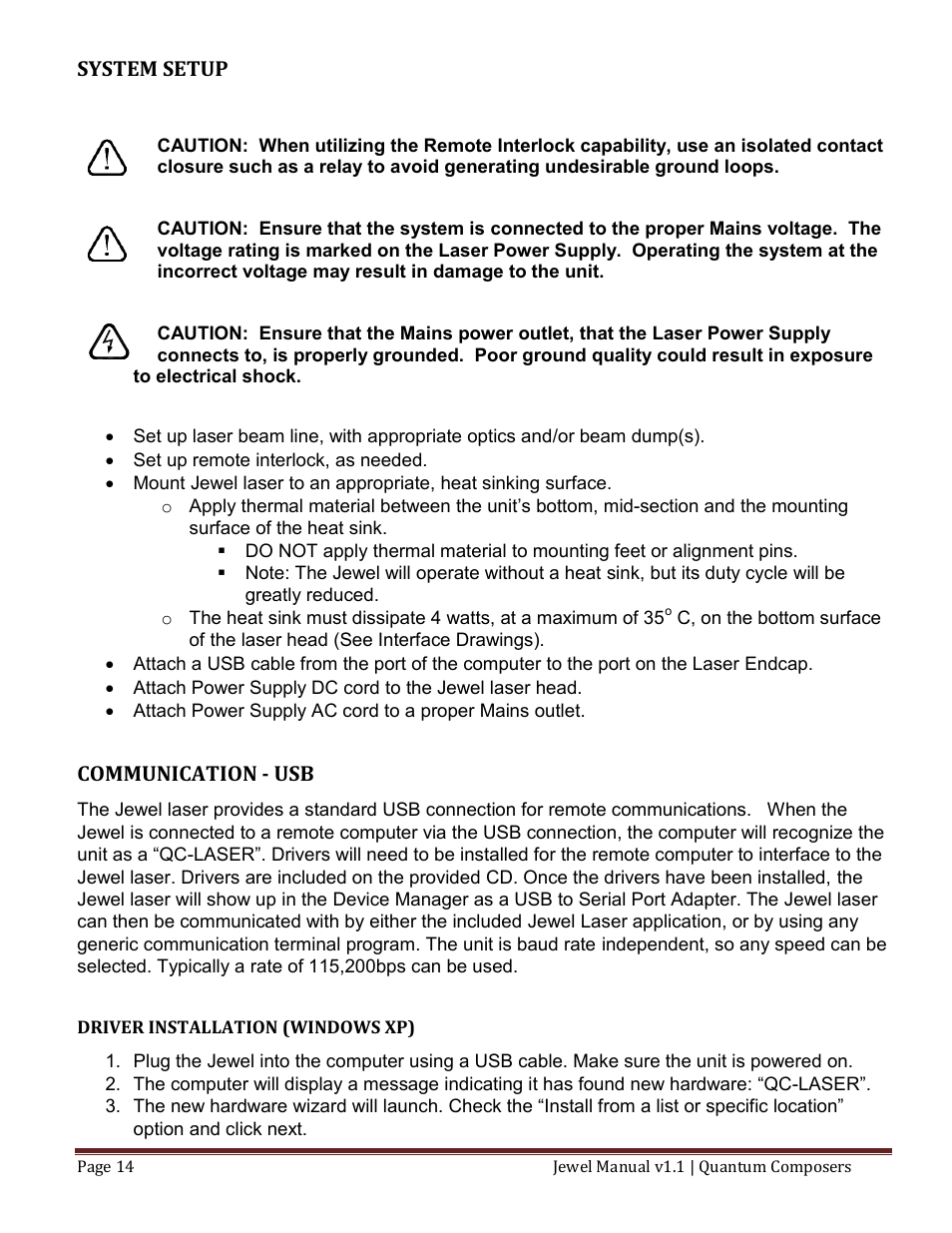 Ystem, Etup, Ommunication | Driver installation (windows xp) | Quantum Composers Jewel Laser User Manual | Page 14 / 32