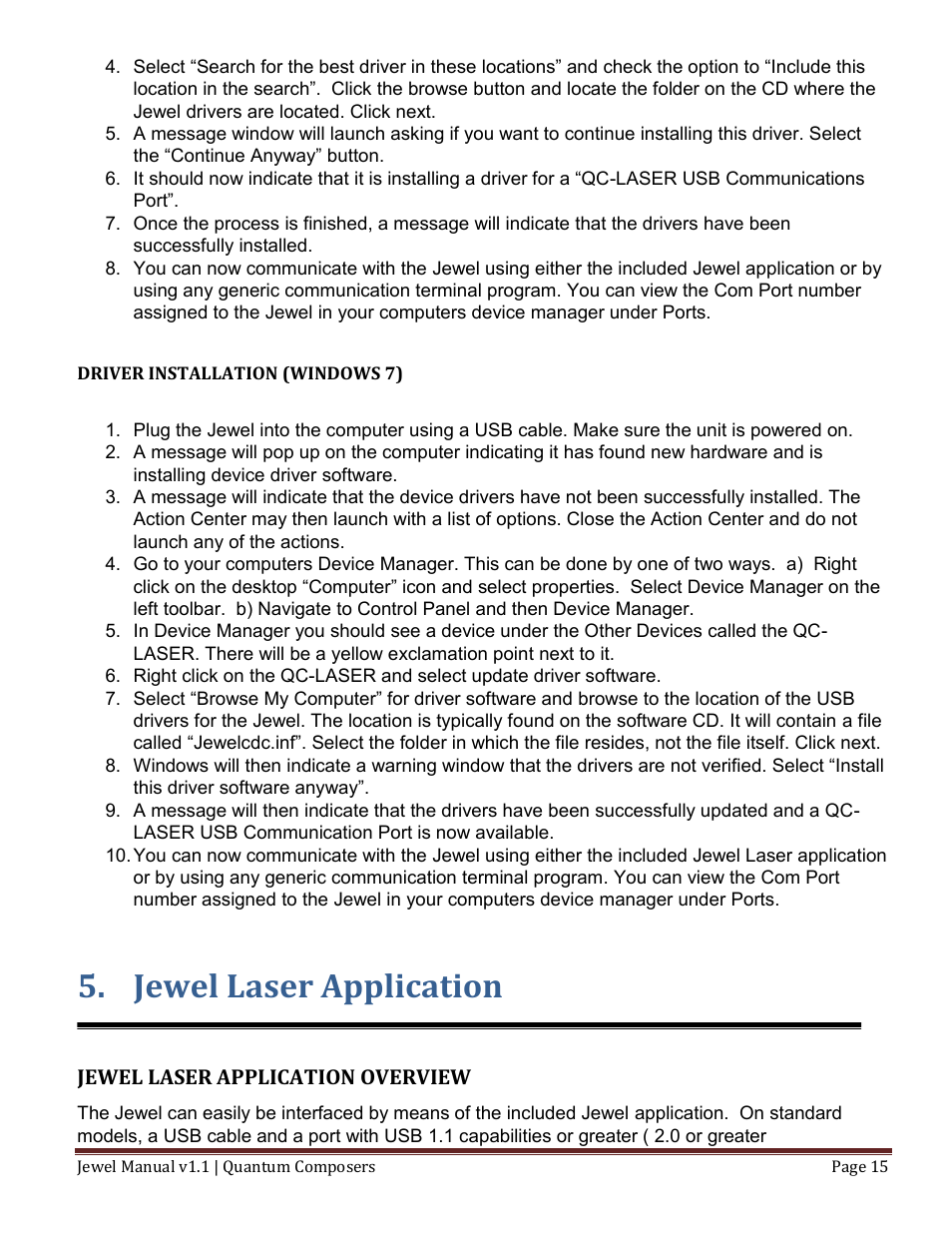 Driver installation (windows 7), Jewel laser application, Ewel | Aser, Pplication, Verview | Quantum Composers Jewel Laser User Manual | Page 15 / 32
