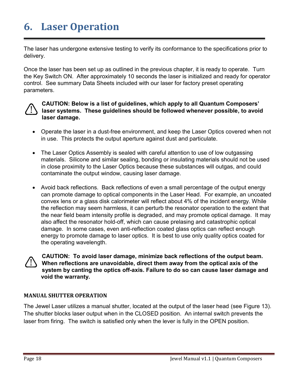 Laser operation, Manual shutter operation | Quantum Composers Jewel Laser User Manual | Page 18 / 32