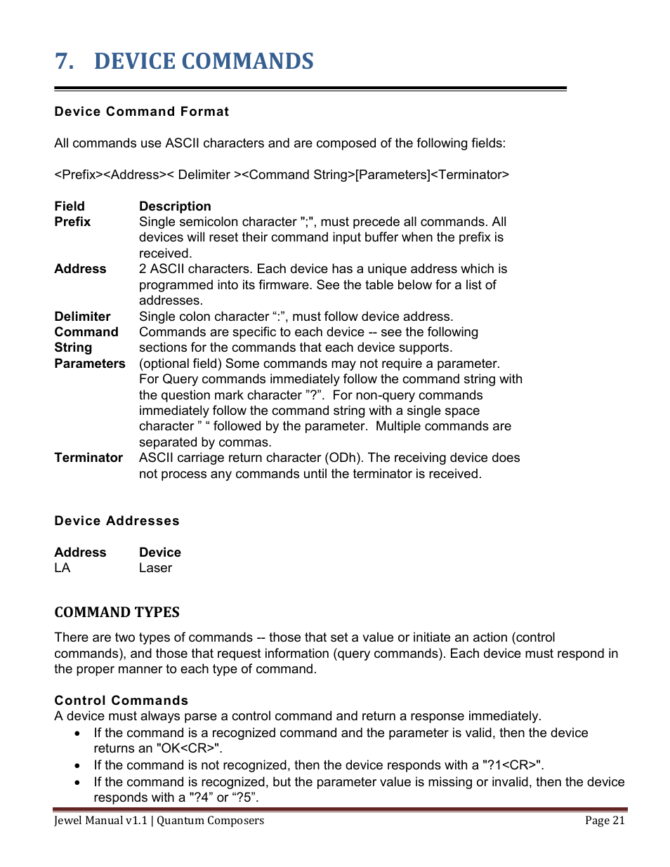 Device commands, Ommand, Ypes | Quantum Composers Jewel Laser User Manual | Page 21 / 32