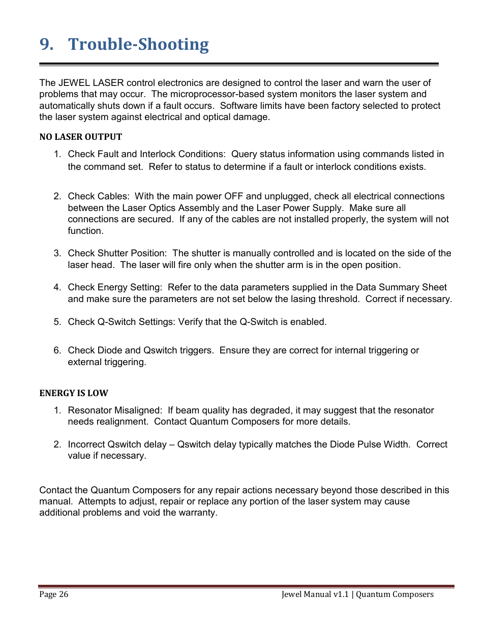 Trouble-shooting, No laser output, Energy is low | Quantum Composers Jewel Laser User Manual | Page 26 / 32