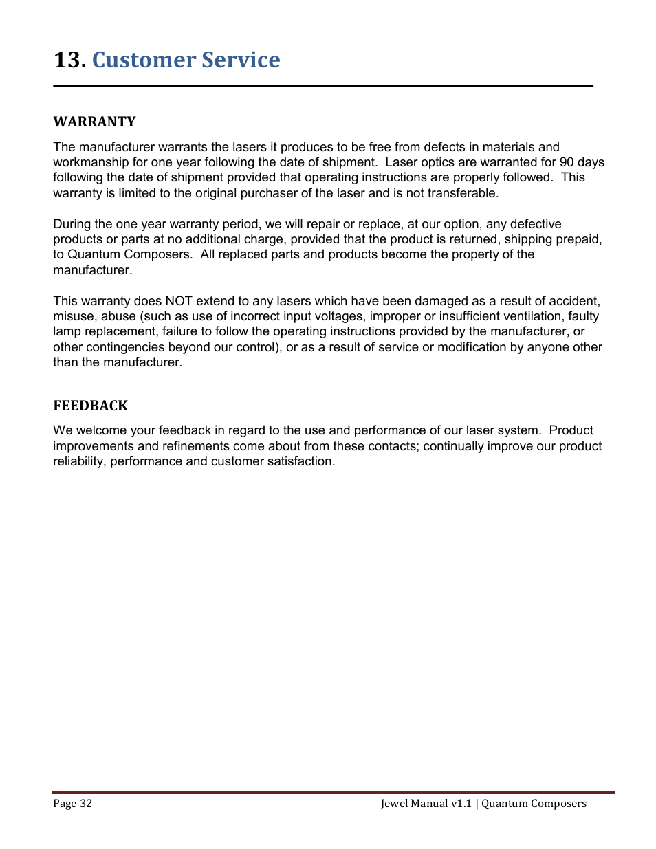 Customer service, Arranty, Eedback | Quantum Composers Jewel Laser User Manual | Page 32 / 32