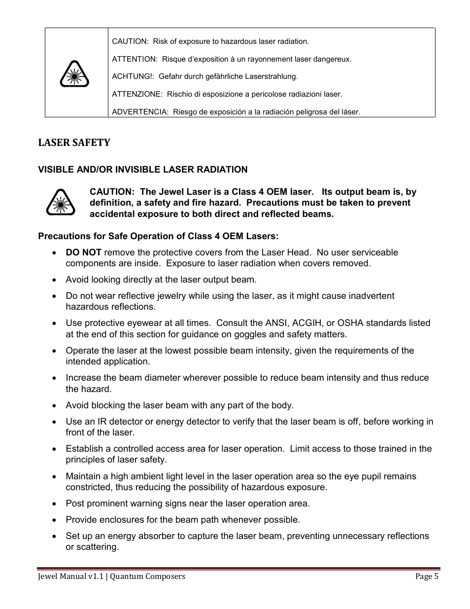 Aser, Afety, Laser safety | Quantum Composers Jewel Laser User Manual | Page 5 / 32