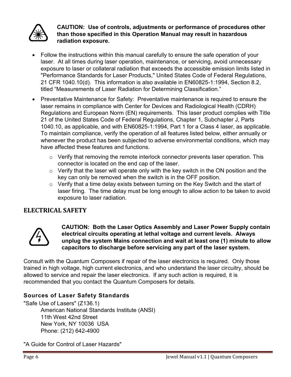 Lectrical, Afety, Electrical safety | Quantum Composers Jewel Laser User Manual | Page 6 / 32