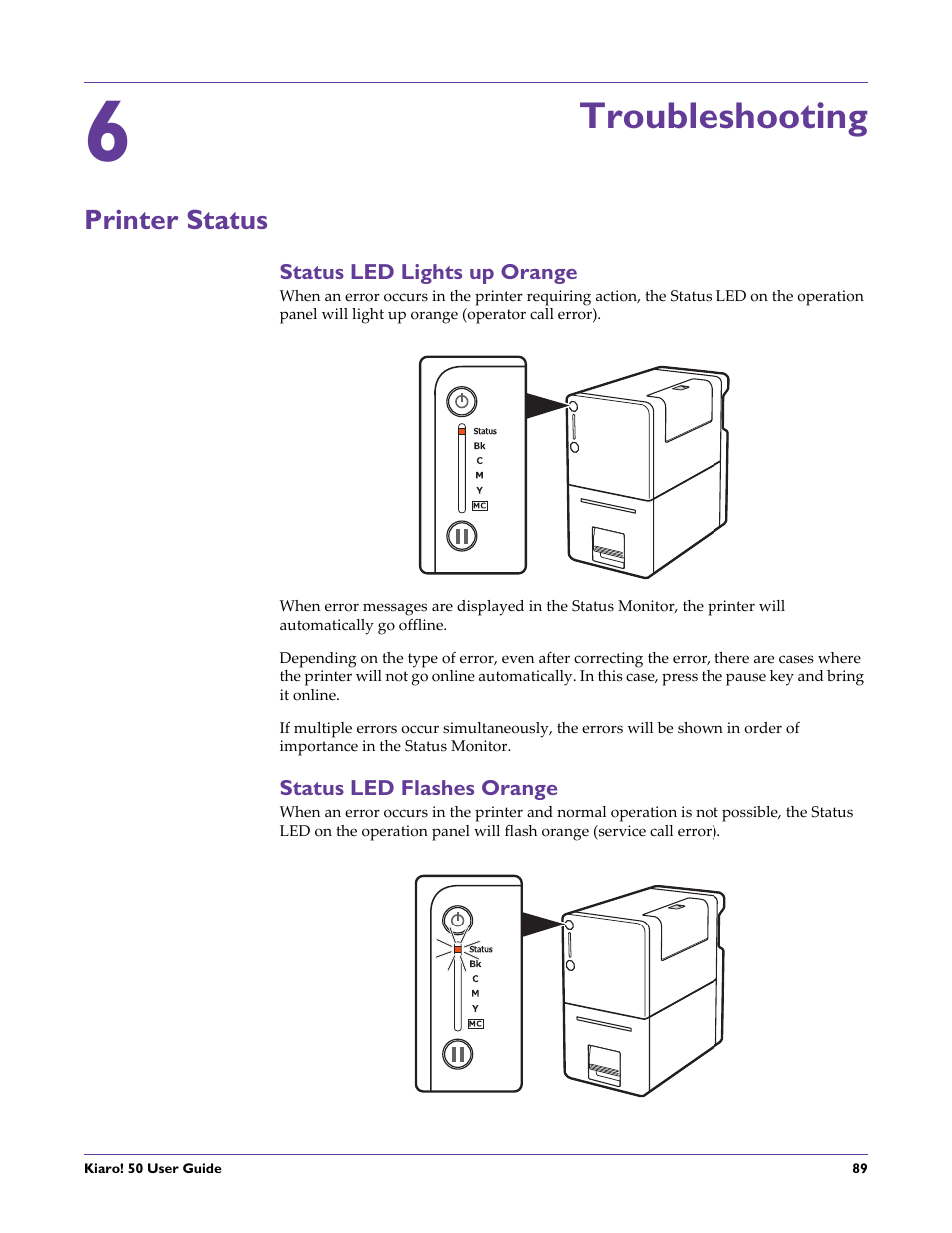 Troubleshooting, Printer status, Status led lights up orange | Status led flashes orange, Chapter: 6 | QuickLabel 50 Kiaro! User Manual | Page 105 / 136