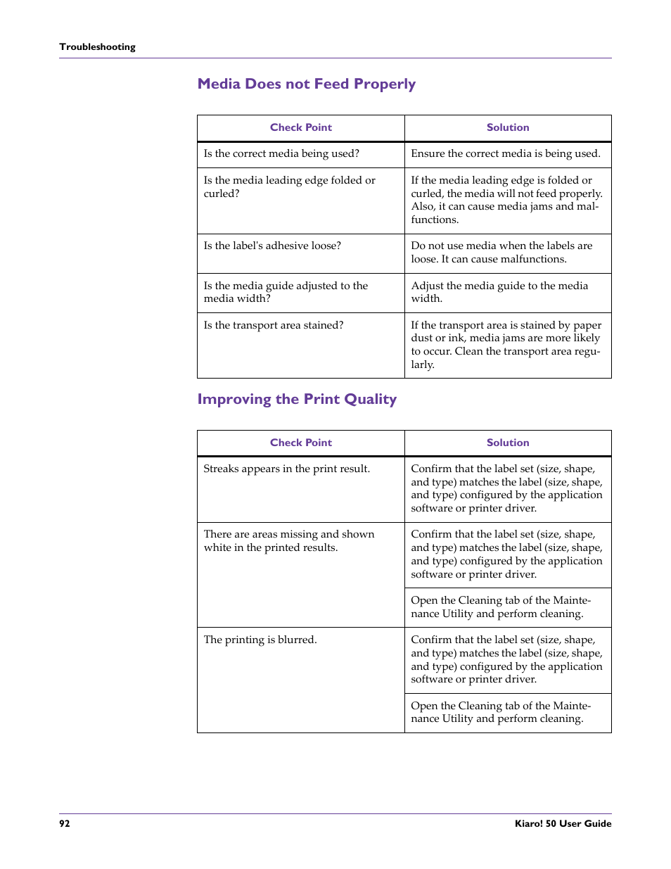 Media does not feed properly, Improving the print quality | QuickLabel 50 Kiaro! User Manual | Page 108 / 136