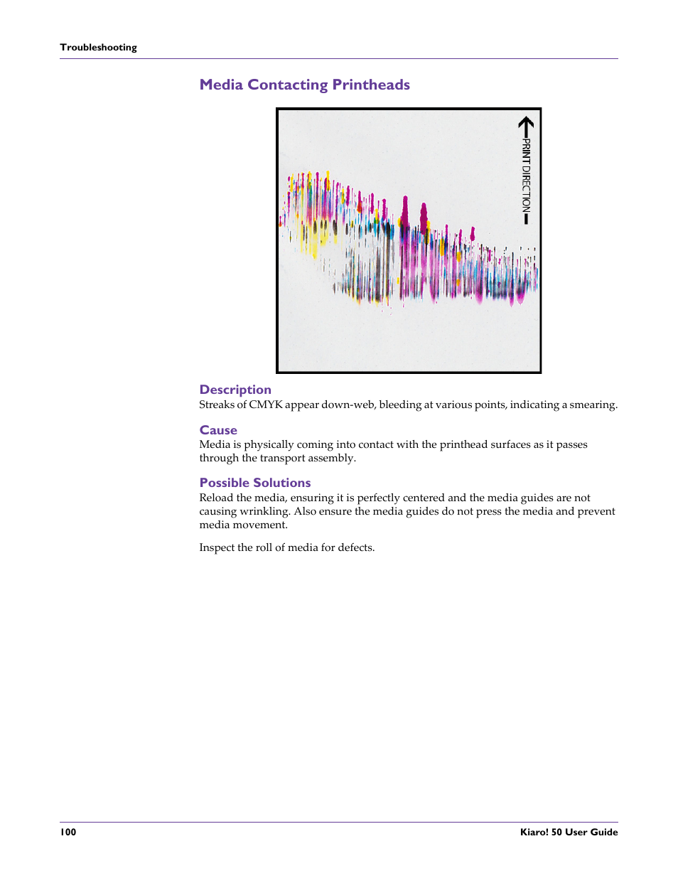 Media contacting printheads, Description, Cause | Possible solutions | QuickLabel 50 Kiaro! User Manual | Page 116 / 136