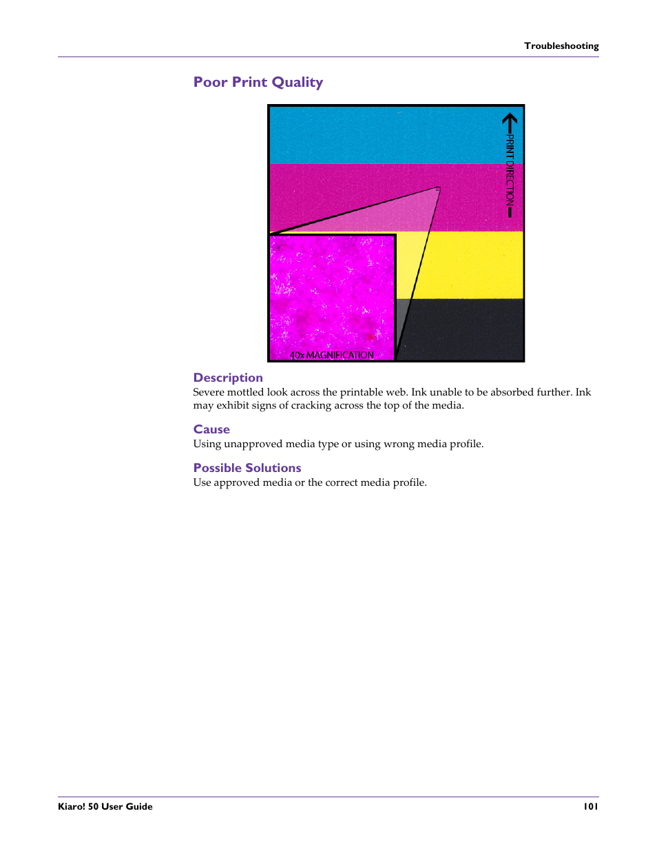 Poor print quality, Description, Cause | Possible solutions | QuickLabel 50 Kiaro! User Manual | Page 117 / 136