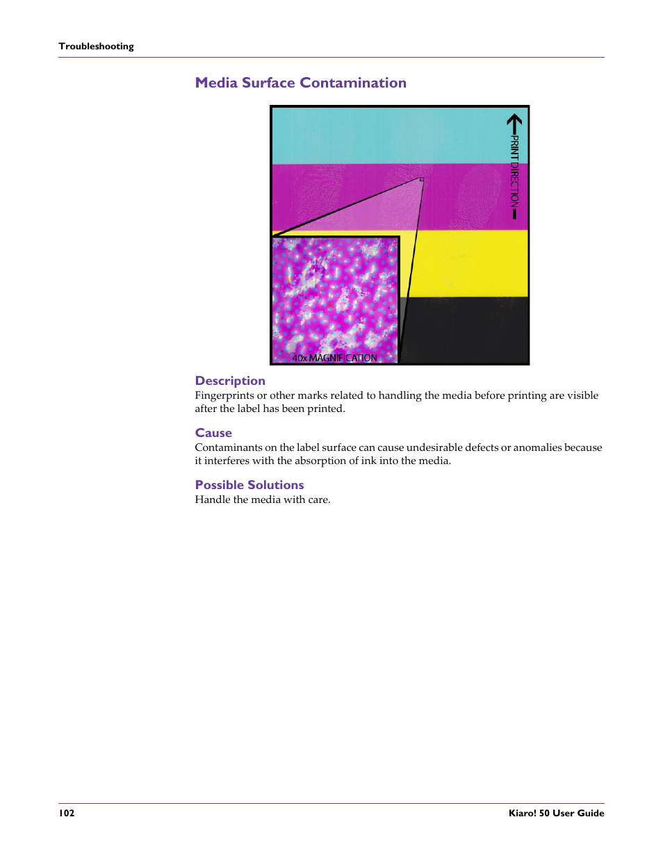 Media surface contamination, Description, Cause | Possible solutions | QuickLabel 50 Kiaro! User Manual | Page 118 / 136