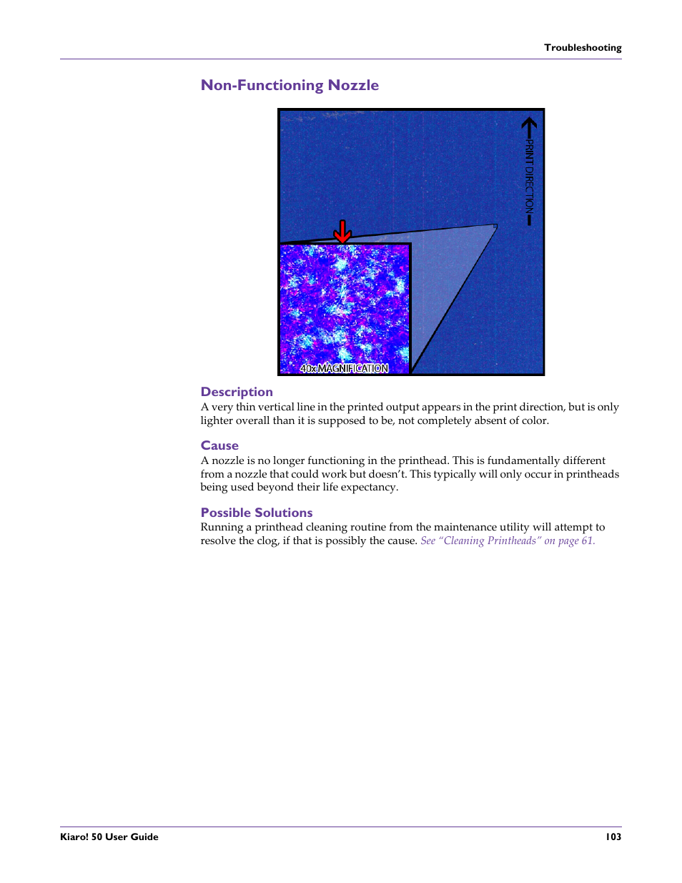 Non-functioning nozzle, Description, Cause | Possible solutions | QuickLabel 50 Kiaro! User Manual | Page 119 / 136