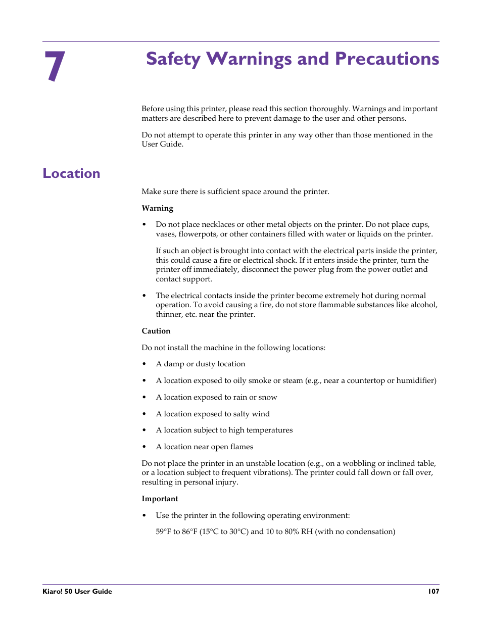 Safety warnings and precautions, Location, Chapter: 7 | QuickLabel 50 Kiaro! User Manual | Page 123 / 136