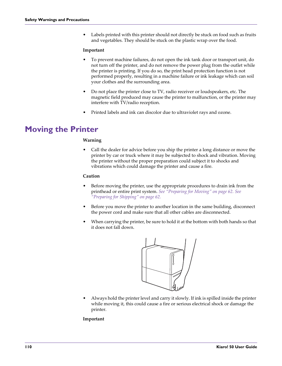 Moving the printer | QuickLabel 50 Kiaro! User Manual | Page 126 / 136