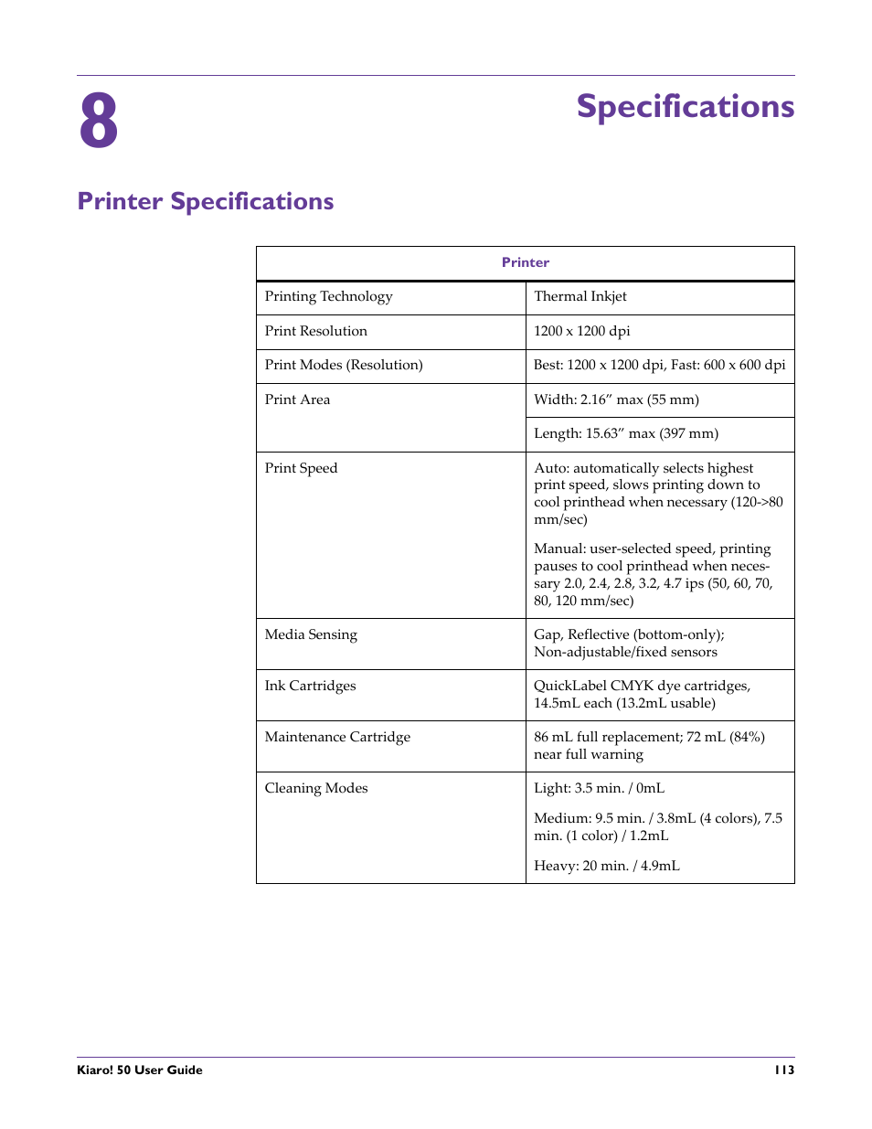 Specifications, Printer specifications, Chapter: 8 | QuickLabel 50 Kiaro! User Manual | Page 129 / 136