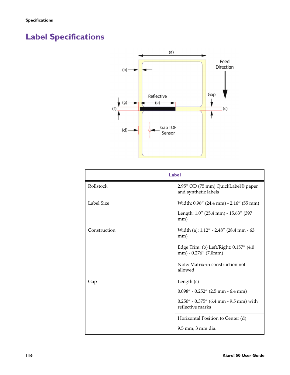 Label specifications | QuickLabel 50 Kiaro! User Manual | Page 132 / 136