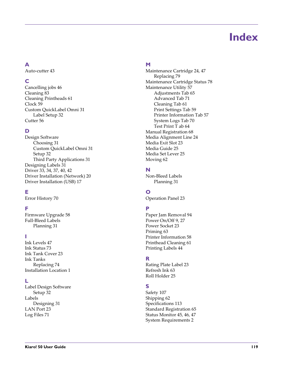 Index | QuickLabel 50 Kiaro! User Manual | Page 135 / 136
