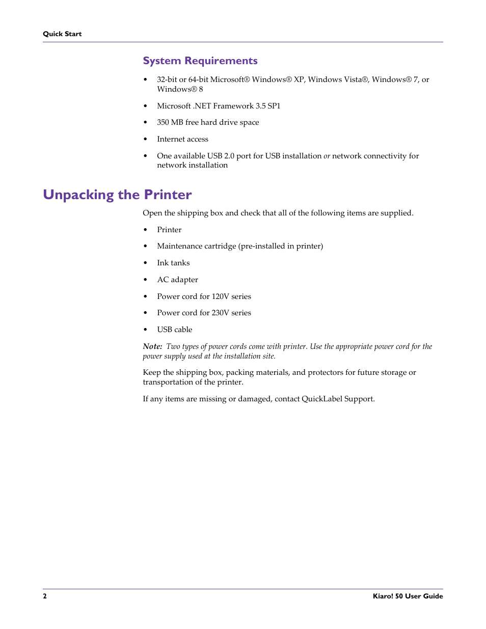 System requirements, Unpacking the printer | QuickLabel 50 Kiaro! User Manual | Page 18 / 136