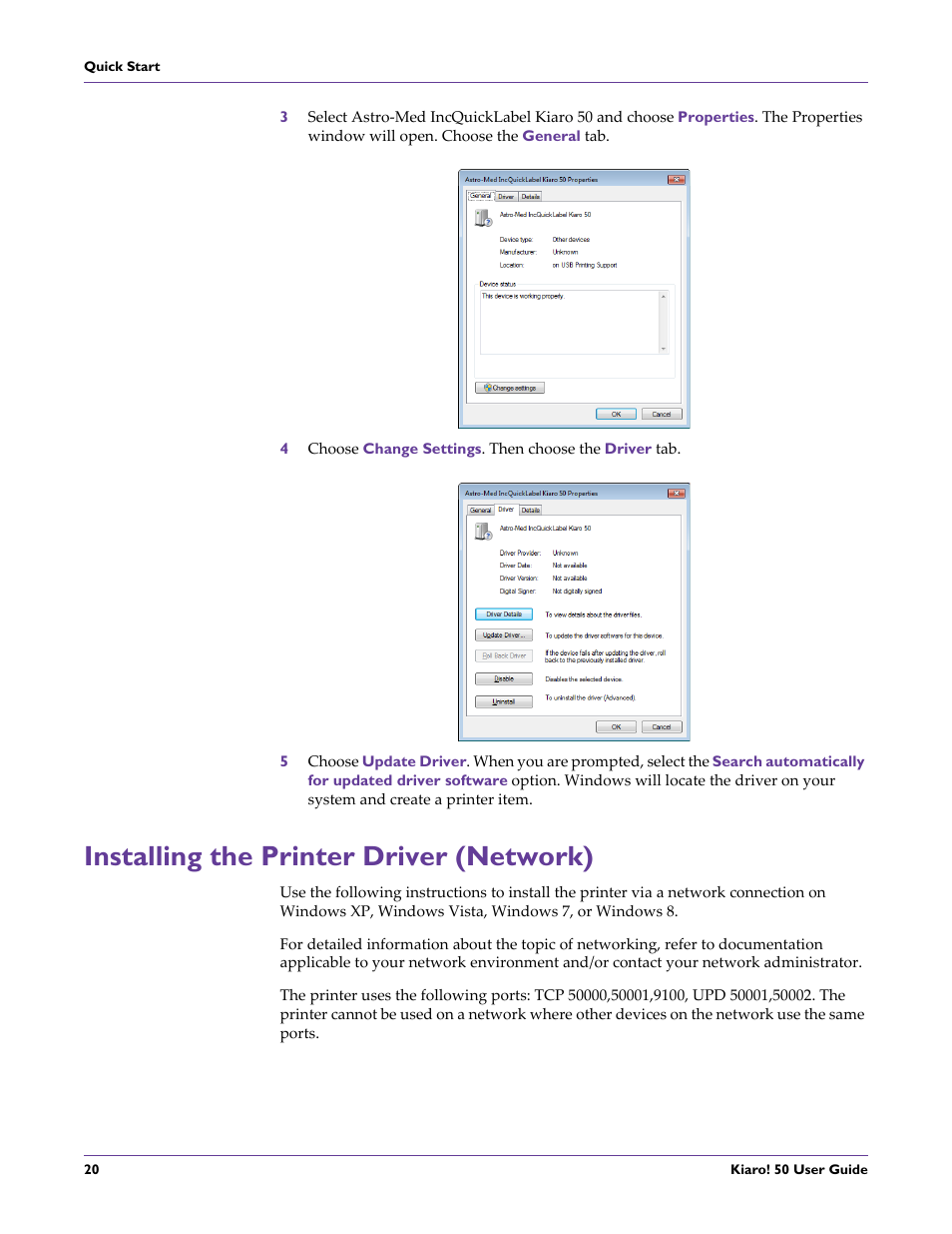 Installing the printer driver (network) | QuickLabel 50 Kiaro! User Manual | Page 36 / 136
