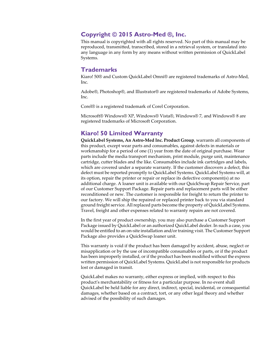 Copyright © 2015 astro-med ®, inc, Trademarks, Kiaro! 50 limited warranty | QuickLabel 50 Kiaro! User Manual | Page 4 / 136