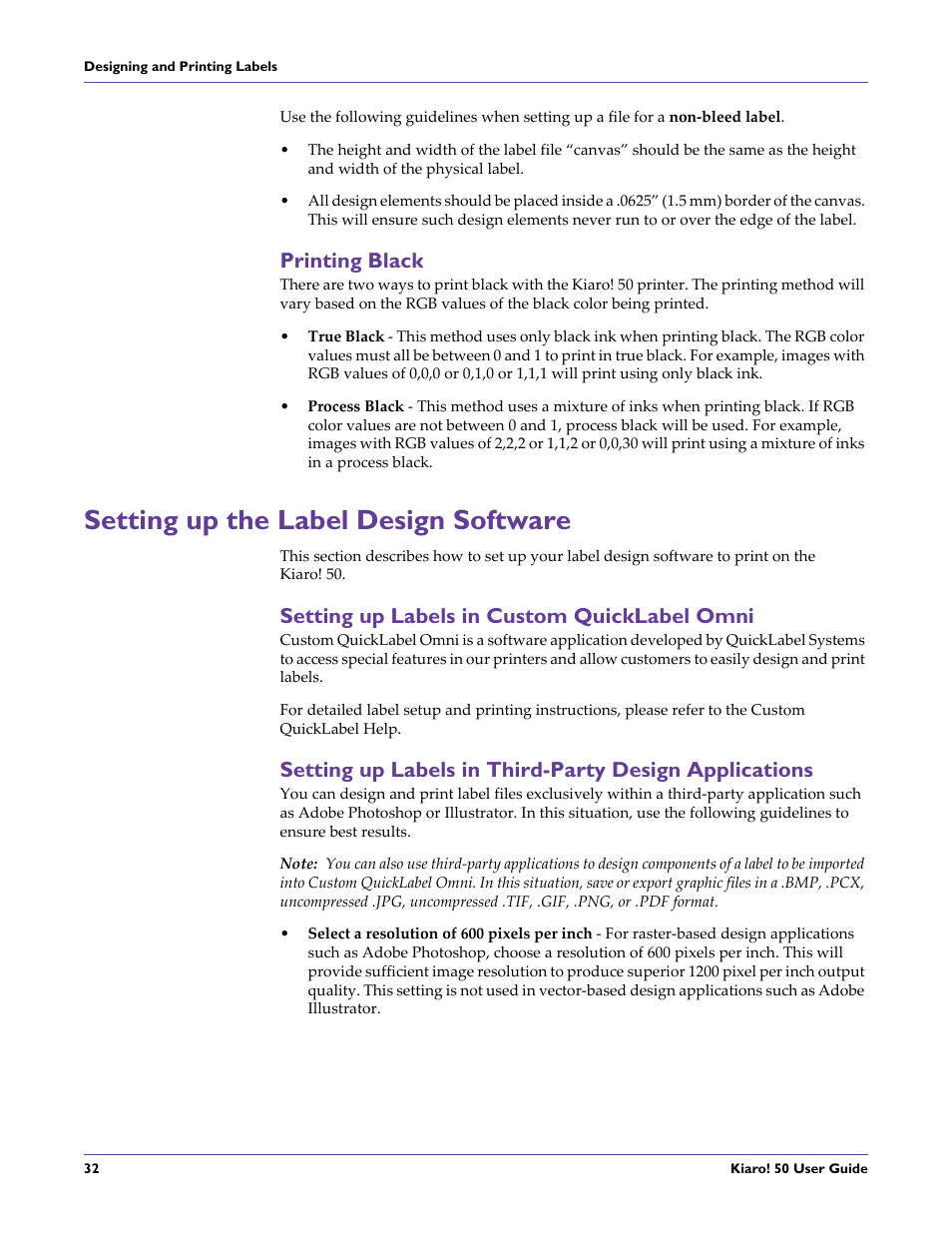 Printing black, Setting up the label design software, Setting up labels in custom quicklabel omni | QuickLabel 50 Kiaro! User Manual | Page 48 / 136