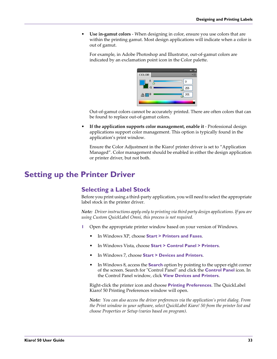 Setting up the printer driver, Selecting a label stock | QuickLabel 50 Kiaro! User Manual | Page 49 / 136