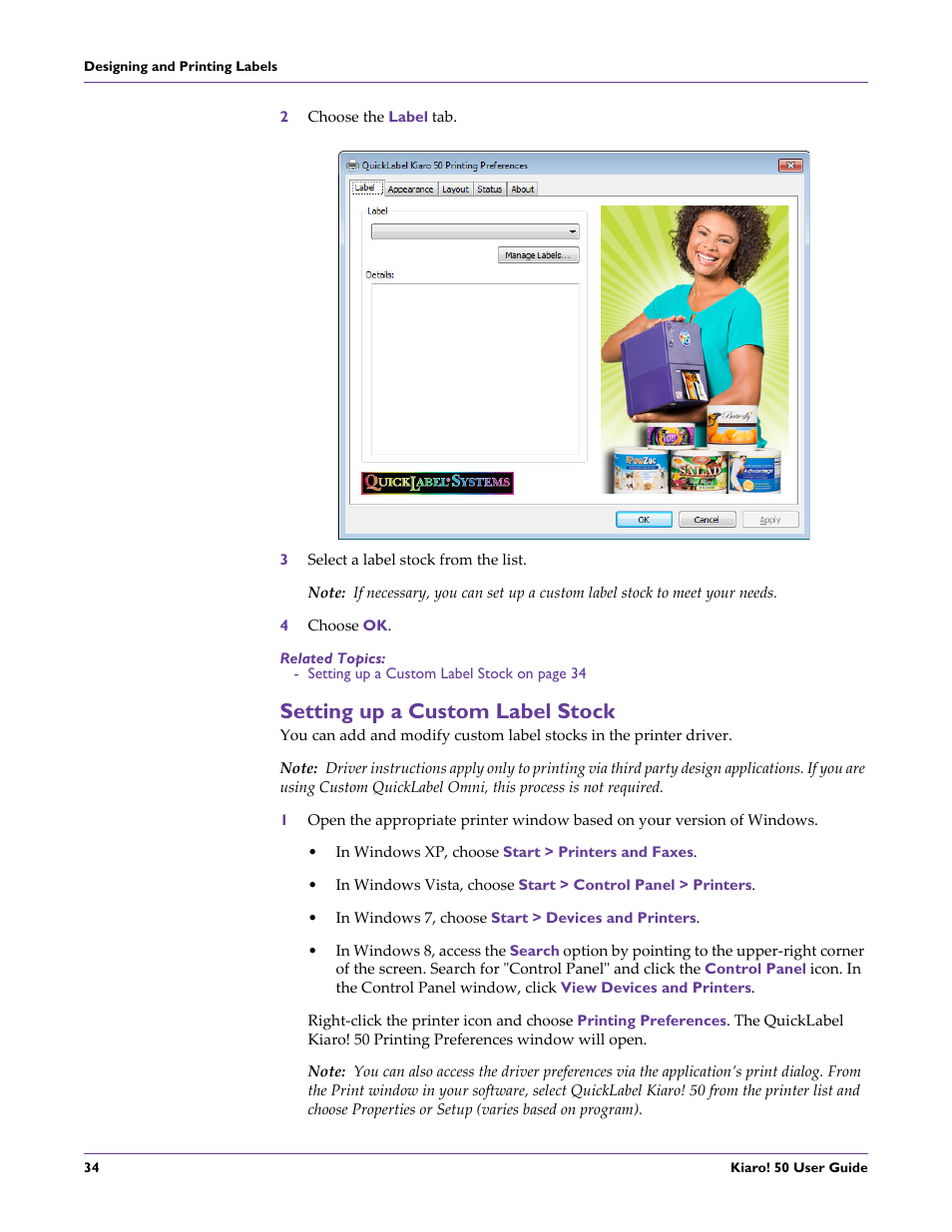 Setting up a custom label stock | QuickLabel 50 Kiaro! User Manual | Page 50 / 136
