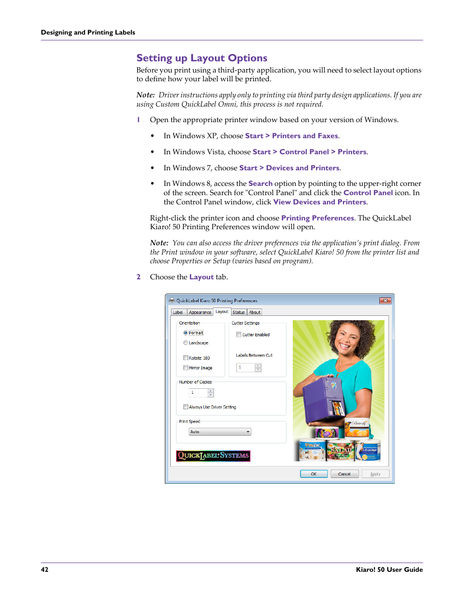 Setting up layout options | QuickLabel 50 Kiaro! User Manual | Page 58 / 136