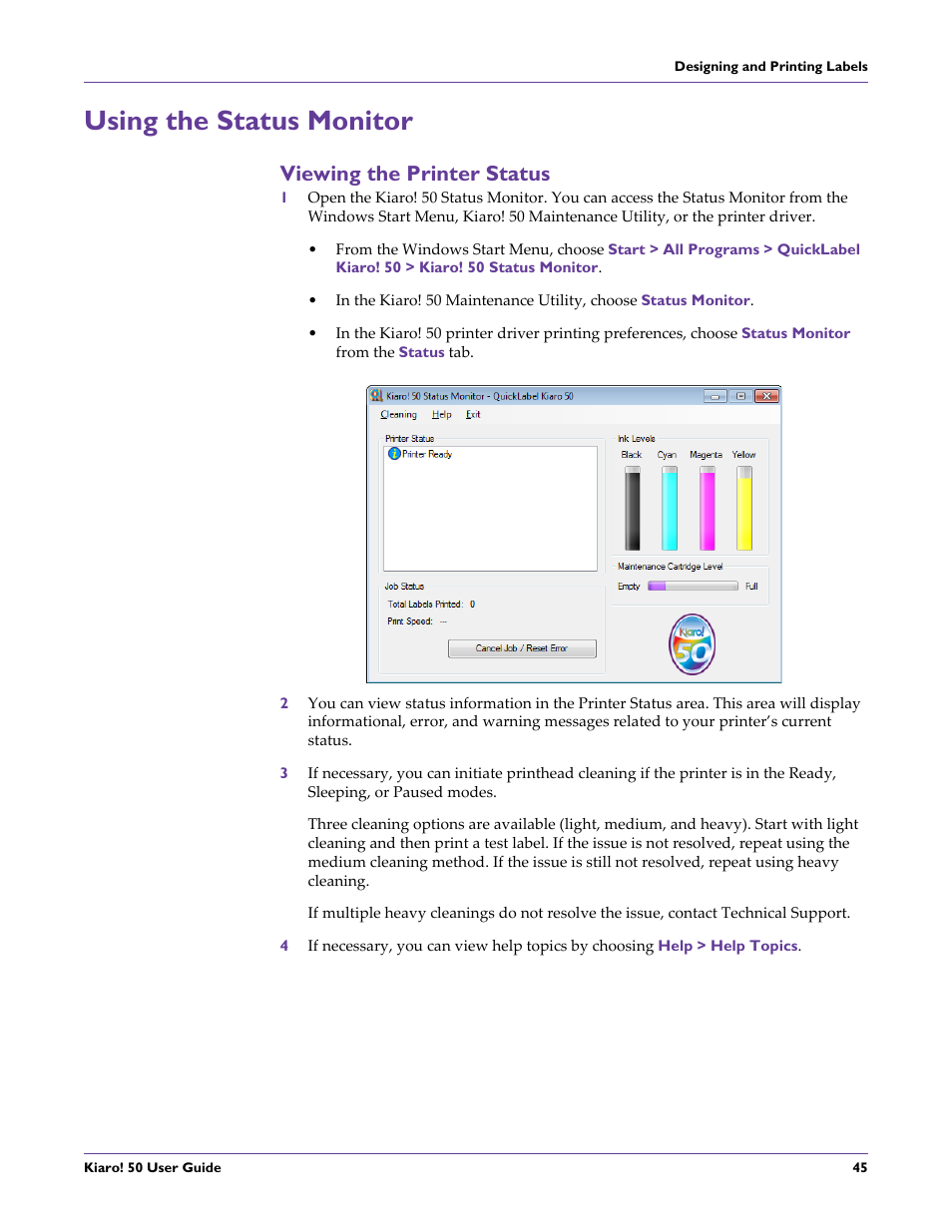 Using the status monitor, Viewing the printer status | QuickLabel 50 Kiaro! User Manual | Page 61 / 136