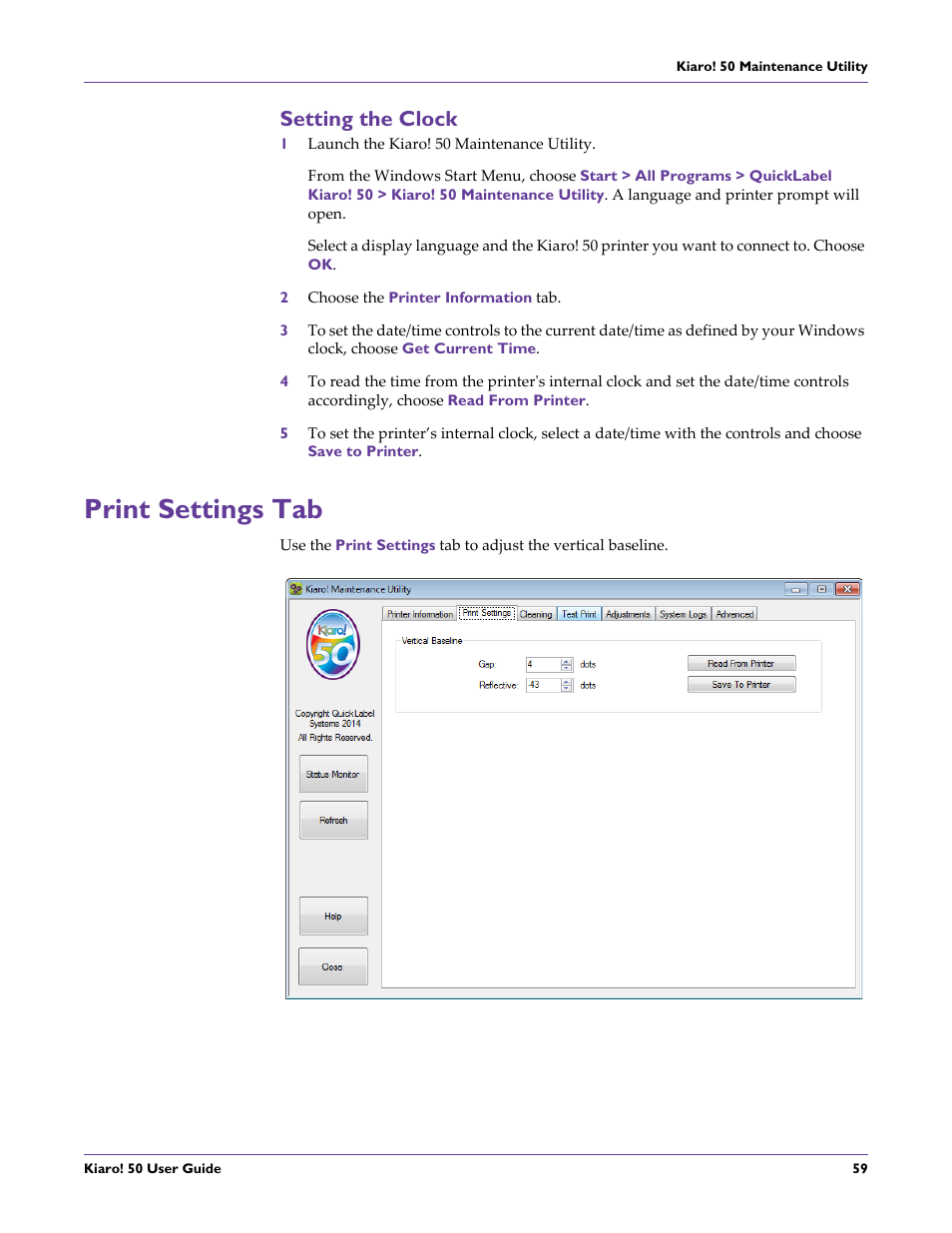 Setting the clock, Print settings tab | QuickLabel 50 Kiaro! User Manual | Page 75 / 136