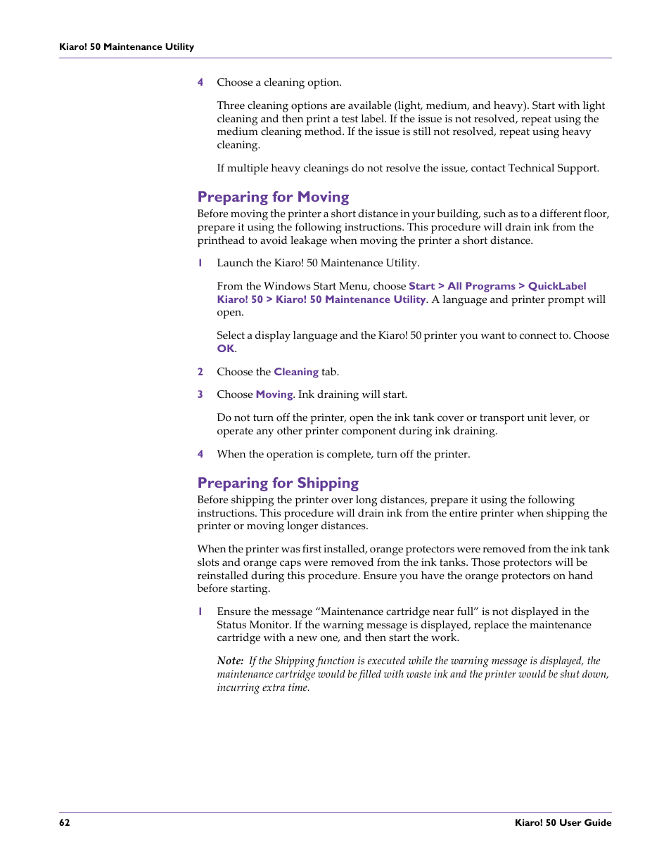 Preparing for moving, Preparing for shipping, Preparing for moving preparing for shipping | QuickLabel 50 Kiaro! User Manual | Page 78 / 136