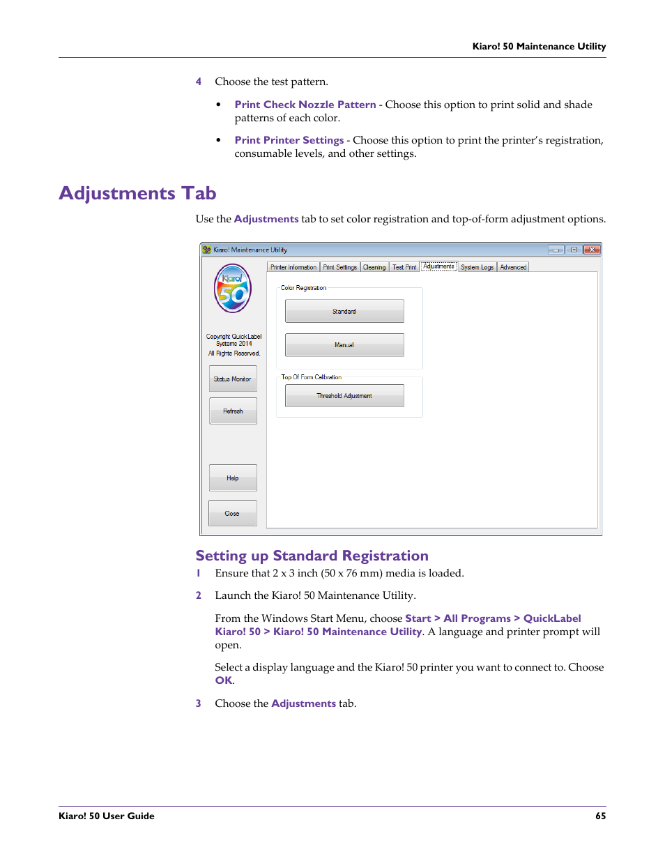Adjustments tab, Setting up standard registration | QuickLabel 50 Kiaro! User Manual | Page 81 / 136