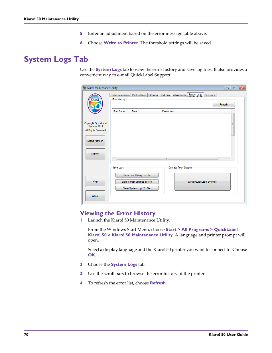 System logs tab, Viewing the error history | QuickLabel 50 Kiaro! User Manual | Page 86 / 136