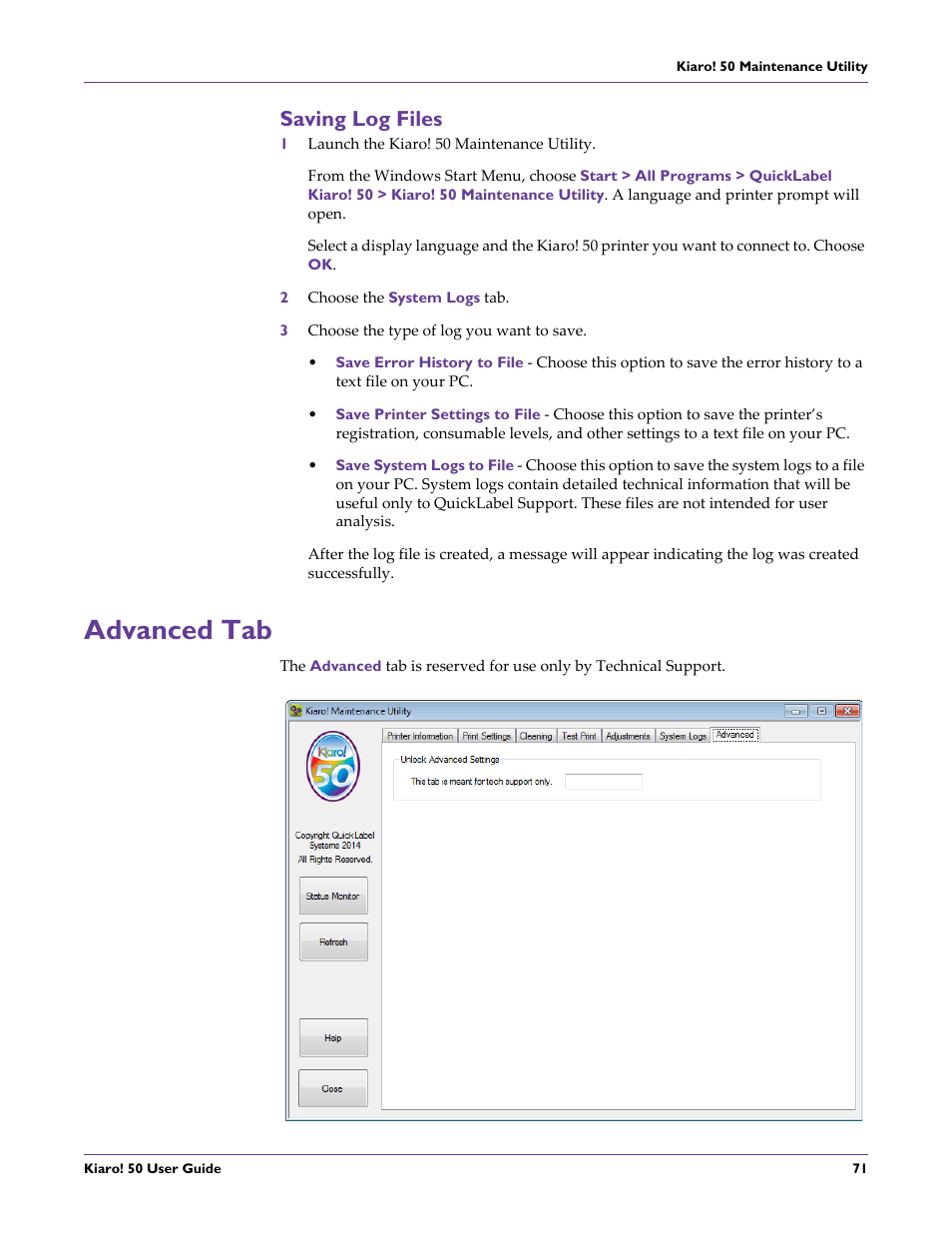 Saving log files, Advanced tab | QuickLabel 50 Kiaro! User Manual | Page 87 / 136