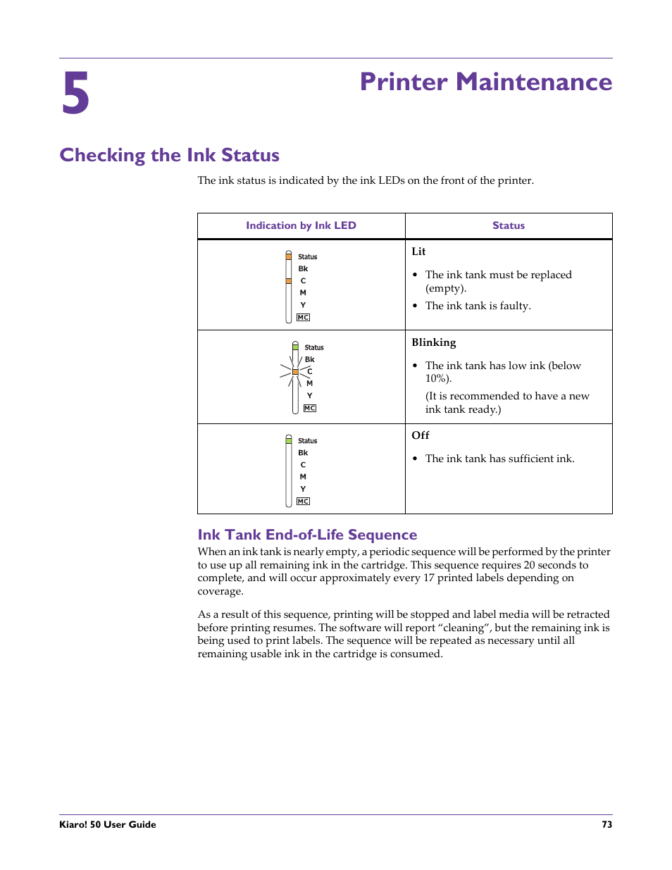 Printer maintenance, Checking the ink status, Ink tank end-of-life sequence | Chapter: 5 | QuickLabel 50 Kiaro! User Manual | Page 89 / 136