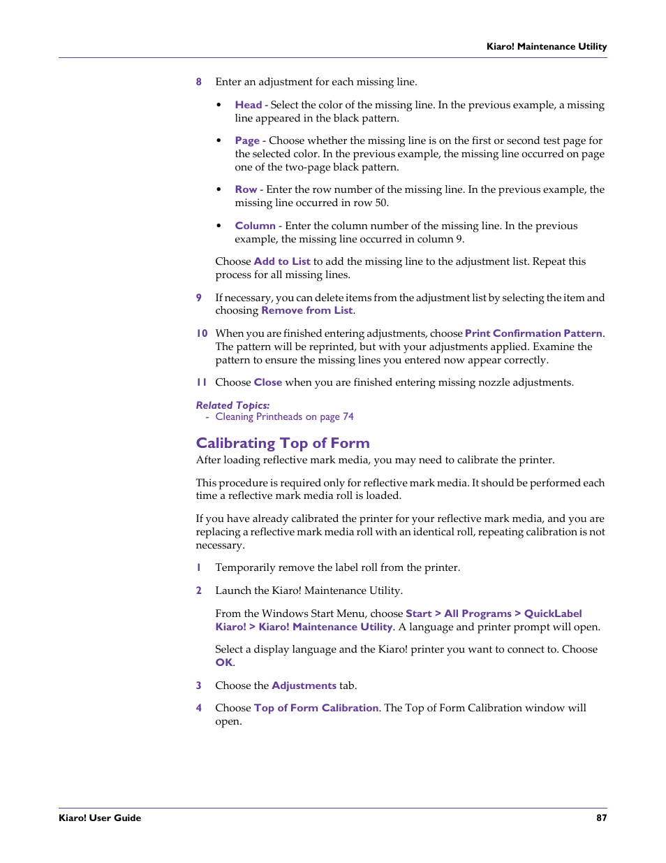 Calibrating top of form | QuickLabel Kiaro! User Manual | Page 103 / 166