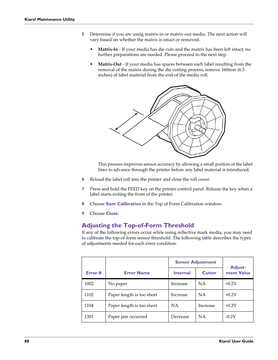 Adjusting the top-of-form threshold | QuickLabel Kiaro! User Manual | Page 104 / 166