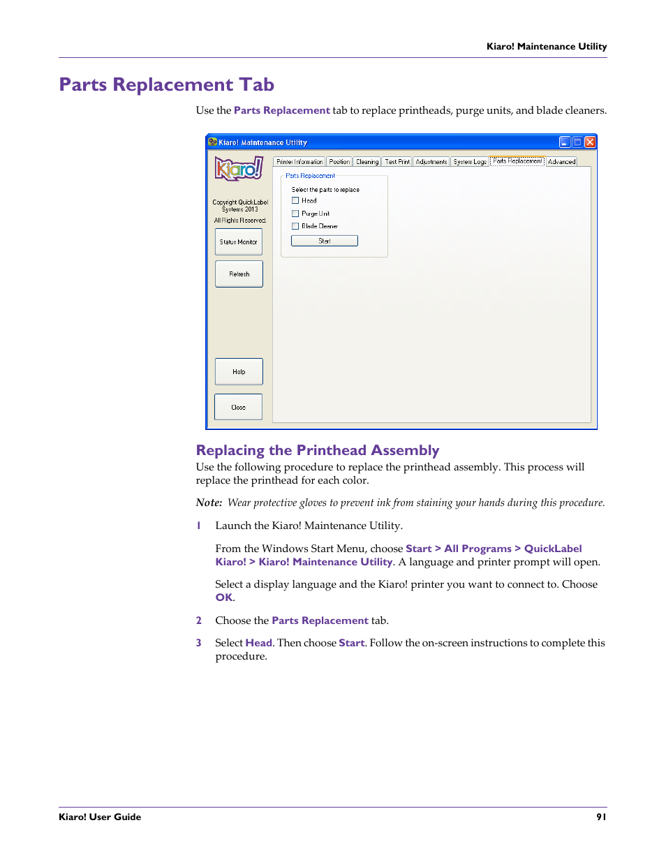 Parts replacement tab, Replacing the printhead assembly | QuickLabel Kiaro! User Manual | Page 107 / 166