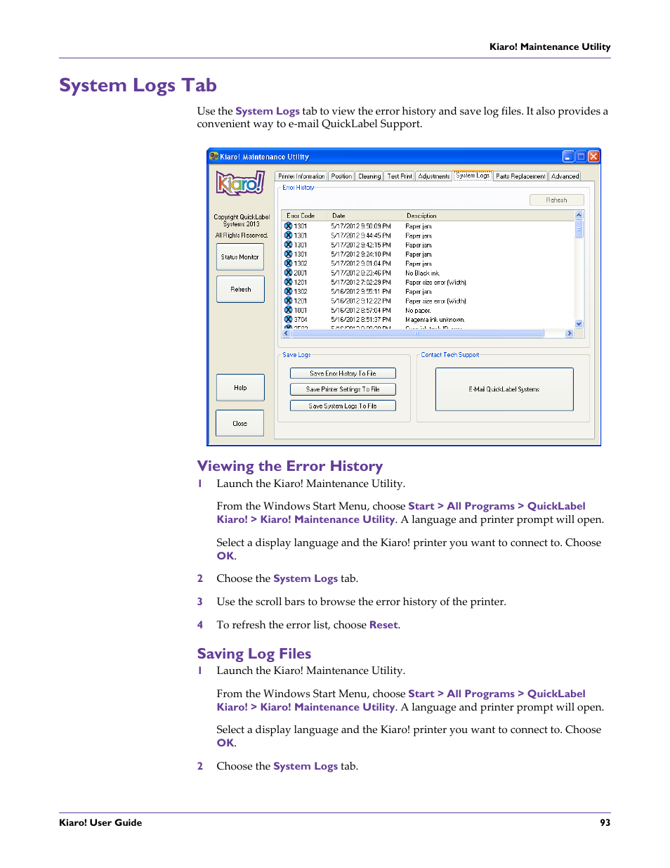 System logs tab, Viewing the error history, Saving log files | Viewing the error history saving log files | QuickLabel Kiaro! User Manual | Page 109 / 166