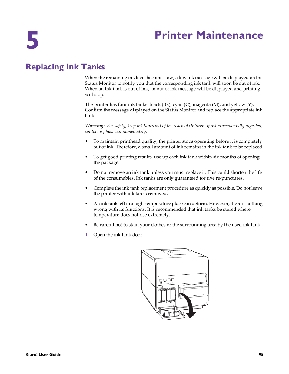 Printer maintenance, Replacing ink tanks, Chapter: 5 | QuickLabel Kiaro! User Manual | Page 111 / 166