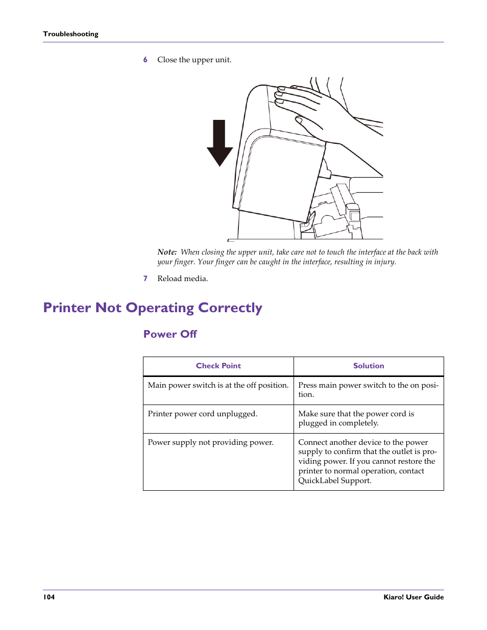 Printer not operating correctly, Power off | QuickLabel Kiaro! User Manual | Page 120 / 166