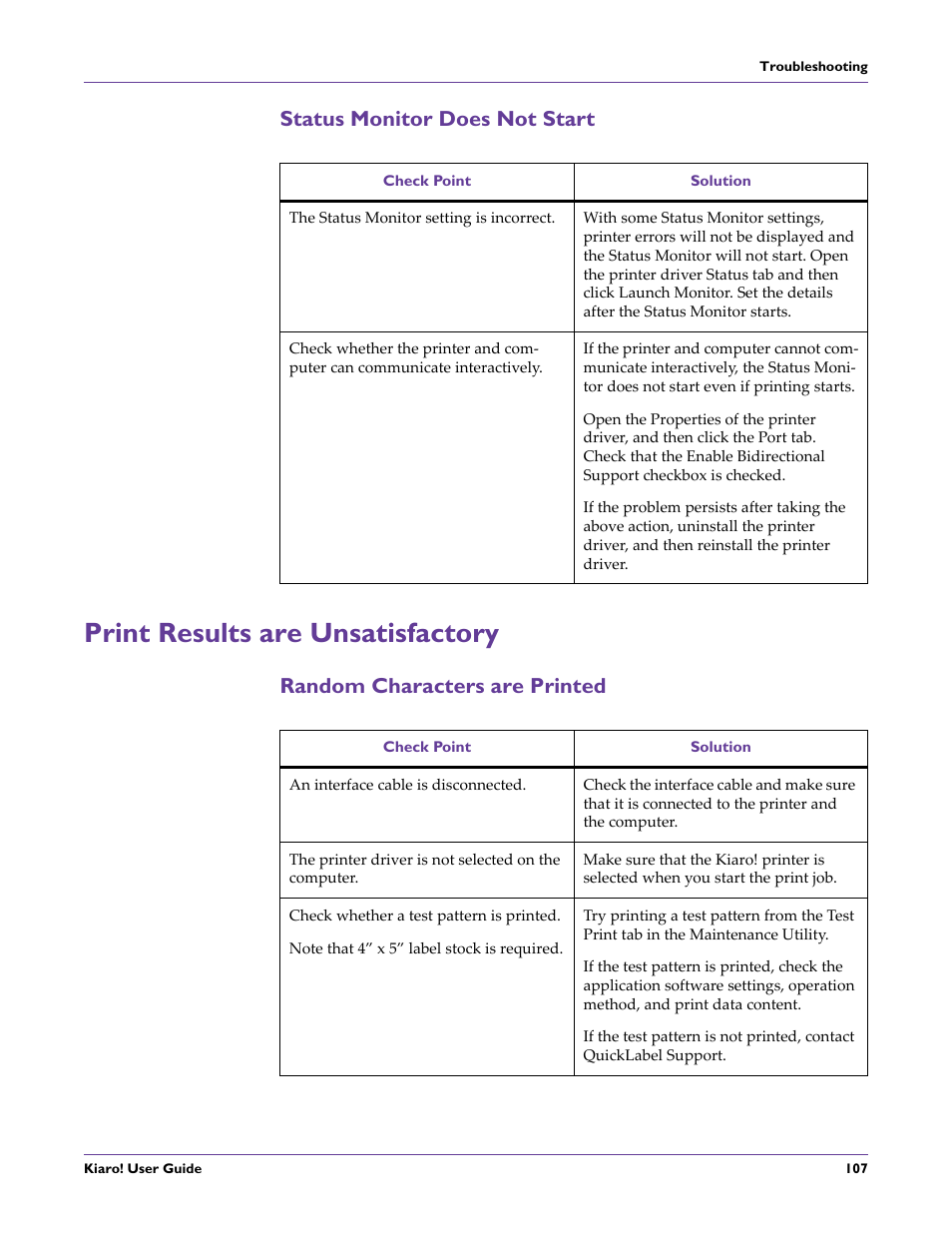 Status monitor does not start, Print results are unsatisfactory, Random characters are printed | QuickLabel Kiaro! User Manual | Page 123 / 166