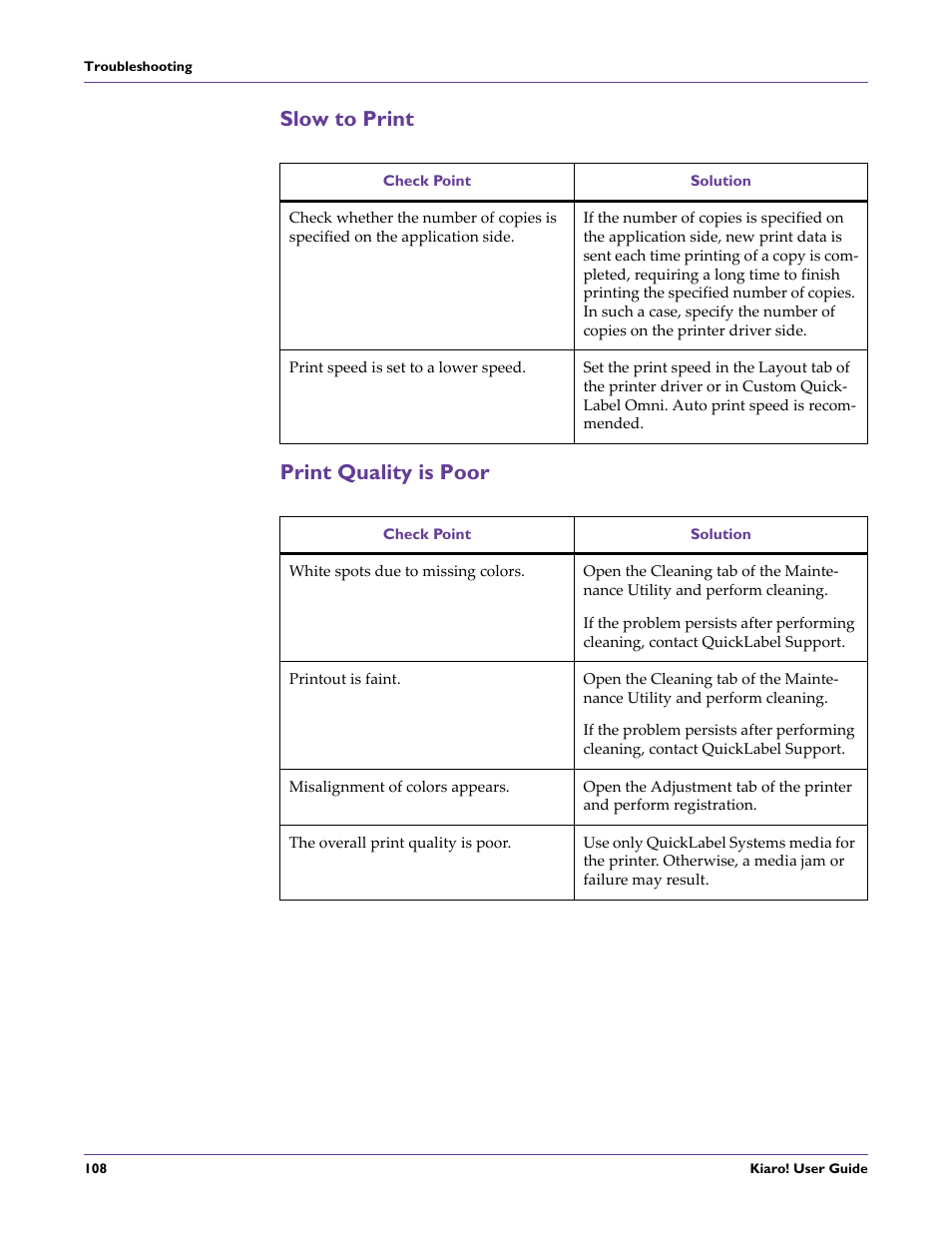 Slow to print, Print quality is poor, Slow to print print quality is poor | QuickLabel Kiaro! User Manual | Page 124 / 166