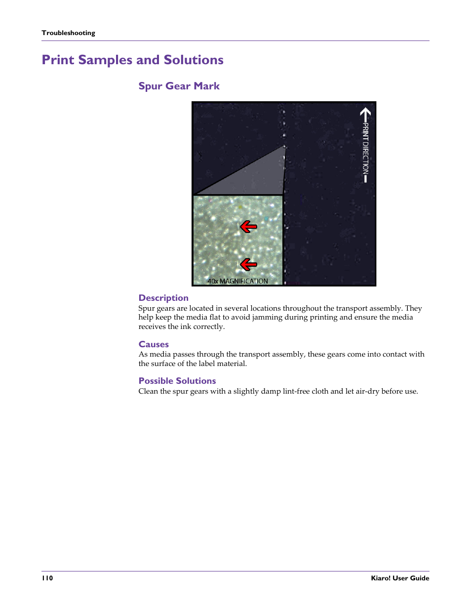 Print samples and solutions, Spur gear mark, Description | Causes, Possible solutions | QuickLabel Kiaro! User Manual | Page 126 / 166