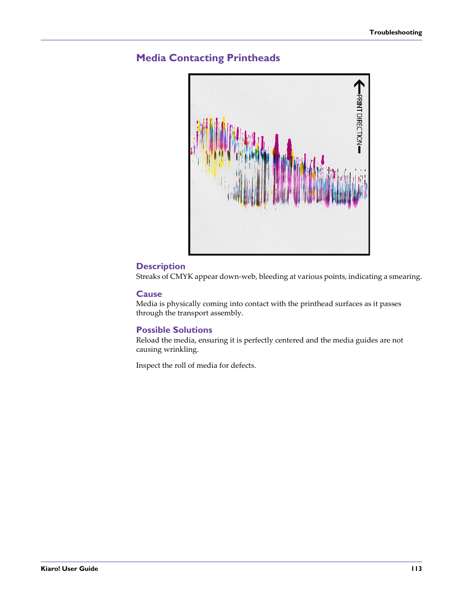 Media contacting printheads, Description, Cause | Possible solutions | QuickLabel Kiaro! User Manual | Page 129 / 166