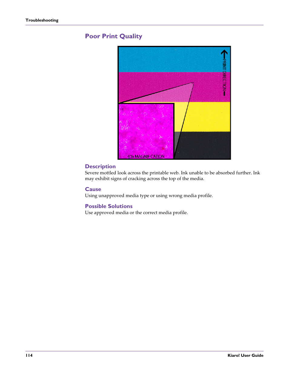 Poor print quality, Description, Cause | Possible solutions | QuickLabel Kiaro! User Manual | Page 130 / 166