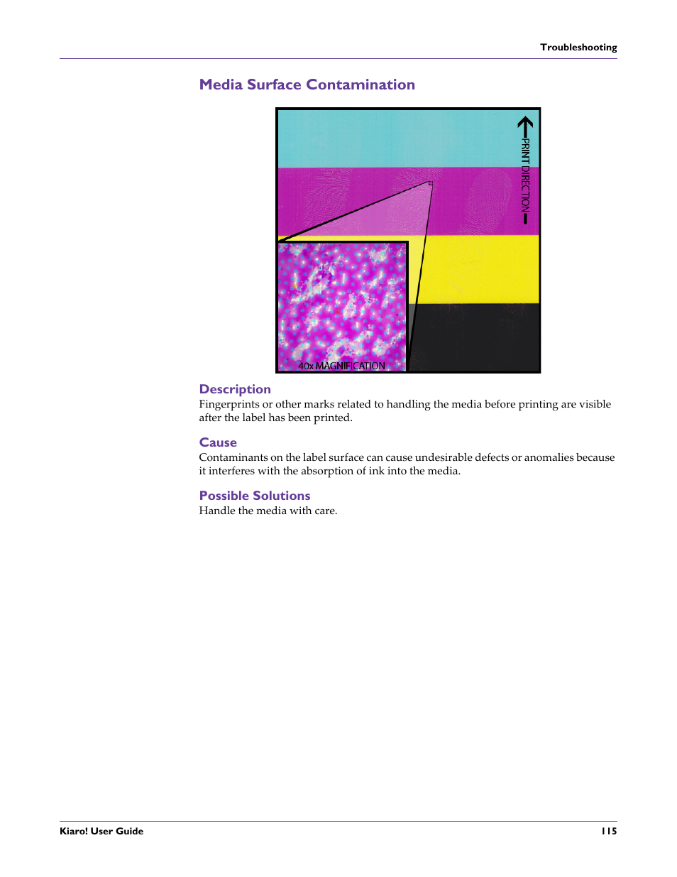 Media surface contamination, Description, Cause | Possible solutions | QuickLabel Kiaro! User Manual | Page 131 / 166